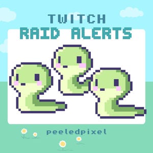 Puede incluir: Ilustración digital con tres criaturas pixeladas verdes con forma de serpiente, con mejillas rosas y ojos negros. El texto "TWITCH RAID ALERTS" se muestra encima de las criaturas, con el nombre del artista, "peeledpixel", debajo. El fondo es un cielo azul claro y hierba verde.