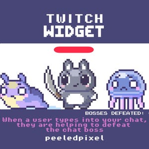 May include: A pixel art Twitch widget with three cartoon characters: a purple and yellow creature, a gray bunny with a knife, and a blue jellyfish. The text reads "TWITCH WIDGET" and "BOSSES DEFEATED: 0". Additional text explains the widget's function.