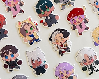 May include: A collection of 16 colorful cartoon character stickers. The stickers feature various characters with different hair colors, clothing, and expressions. Some characters are wearing hats, while others are holding objects like a lollipop or a paintbrush.