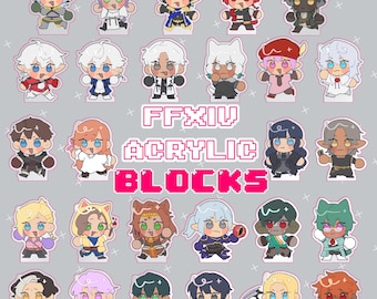 May include: A set of 24 colorful acrylic character blocks featuring characters from the Final Fantasy XIV video game. The blocks are arranged in a grid pattern and feature a variety of characters, including male and female characters, with different hairstyles, clothing, and accessories. The text "FFXIV ACRYLIC BLOCKS" is displayed in a pixelated font at the top of the image.