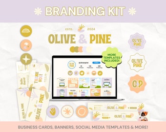 Retro-brandingkit voor kleine bedrijven in Canva | Leuke en heldere DIY-logo-ontwerpsjabloon met Instagram-post, bedankkaart, hoogtepuntcovers