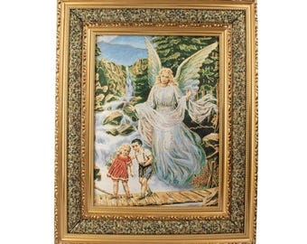 Guardian Angel with Children Cloth Framed Wall Art, 17 x 21 Inch Catholic Religious Picture  - Ángel de la Guarda Cuadro de Tela
