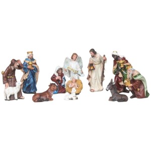 May include: A nativity scene set with 10 figurines, including Mary, Joseph, baby Jesus, an angel, three wise men, a donkey, a cow, and two sheep. The figurines are made of painted resin and are approximately 3 inches tall.