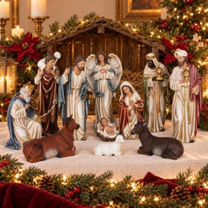 May include: A nativity scene set featuring figurines of the Holy Family, an angel, three wise men, a shepherd, and animals including a cow, a donkey, and a lamb. The figures are arranged in front of a wooden stable structure with festive greenery.
