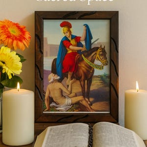 Saint Martin the Knight Framed Oil Painting / San Martín Caballero – Rustic Catholic Wall Art in 24x36, 18x13, 12&quot;, 10&quot; Sizes – Religious