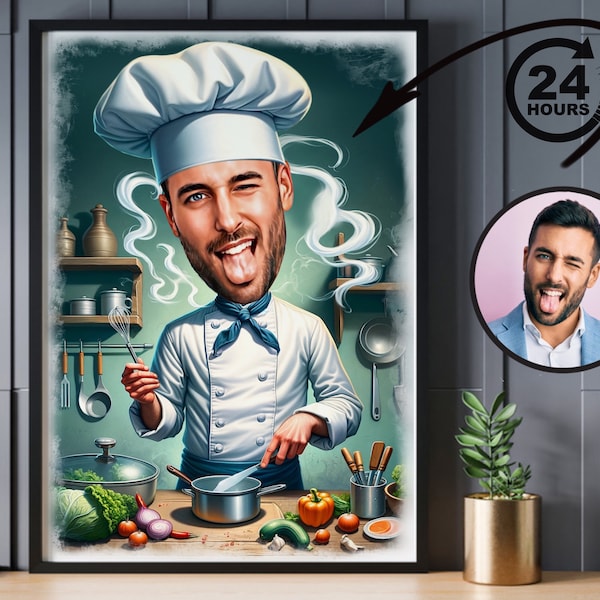 Portrait personnalisé de dessin animé de chef masculin, caricature de chef, cadeau pour chef, dessin animé de chef, cadeau drôle de chef, caricature personnalisée à partir d'une photo, cadeau de chef