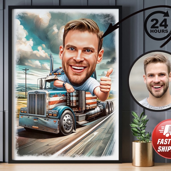 Personalized truck Driver Cartoon Portrait, Custom semi Truck Caricature Drawing from Photo, Funny Trucker Driver, Gift for Truck Driver man