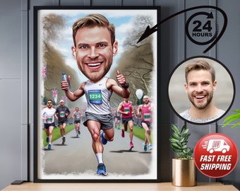 Personalised Runner Cartoon Portrait, Custom Maraton Runner Caricature Drawing, Funny Caricature, Gift for Runner, Running, Sprinter, Run
