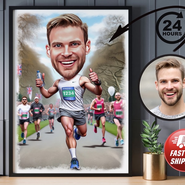 Personalised Runner Cartoon Portrait, Custom Maraton Runner Caricature Drawing, Funny Caricature, Gift for Runner, Running, Sprinter, Run