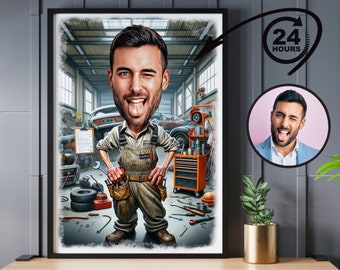 Personalisierte Karikatur eines männlichen Mechanikers, Mechanikerkarikatur, kundenspezifisches Mechanikergeschenk, Mechanikerkunst, Automobilgeschenk, digitaler Download