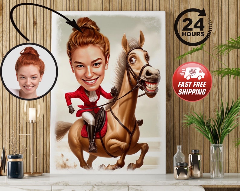 Personalised Dressage Cartoon Portrait, Custom Horse Rider Caricature ...