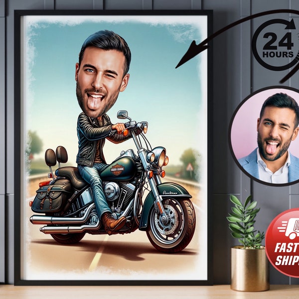 Personalised Motorcyclist Cartoon Portrait, Custom biker, Caricature Drawing, Funny Caricature, Gift Motorcyclist, Harley Davidson, cruiser