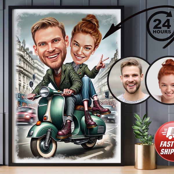 Portrait de couple personnalisé en scooter, dessin caricature personnalisé en Vespa, caricature drôle de mod, cadeau pour amateur de Vespa, Vespa, Lambretta,