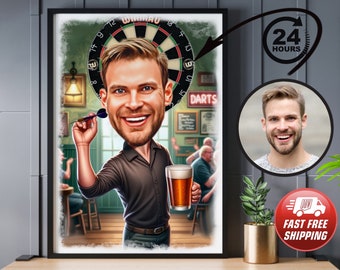Personalised Darts Player Cartoon Portrait, Custom Darts Caricature Drawing, Funny Caricature, Gift for Friend, Drinker, Pub, Beer, Darter