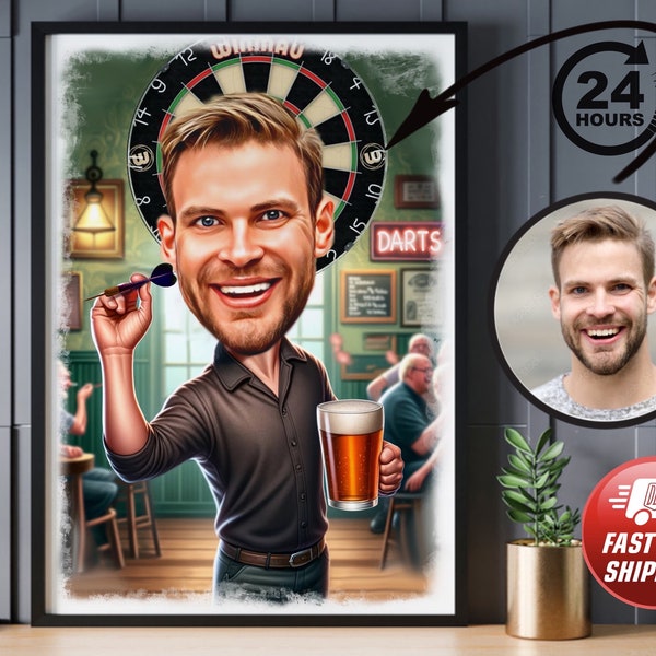 Personalisiertes Dartspieler-Karikaturporträt, kundenspezifische Dartkarikatur-Zeichnung, lustige Karikatur, Geschenk für Freund, Trinker, Pub, Bier, Darter