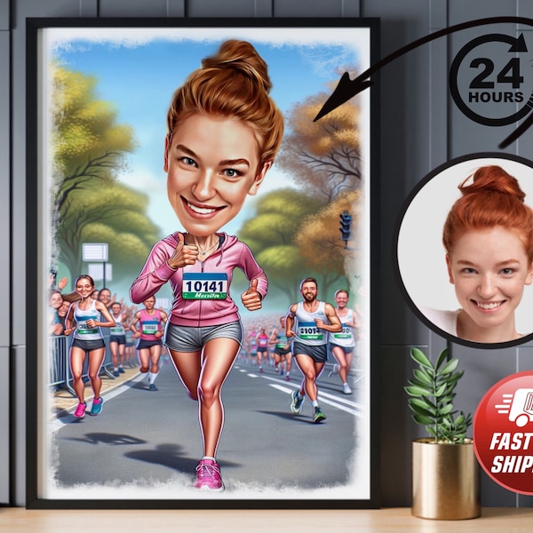 Retrato personalizado de dibujos animados de corredor, dibujo de caricatura de corredor de maratón personalizado, caricatura de carrera divertida, regalo para corredor femenino, velocista