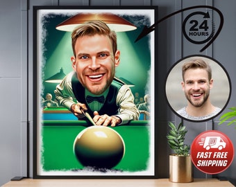 Gift For snooker player, Personalised Caricature billiards player, Digital Caricature Drawing From Photo, Male, pool player, 9 ball player