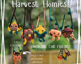 5 in 1 | Harvest Homies Car Buddy Patterns | Digital Download | Autumn Low Sew | Pumpkin | Corn | Acorn | Turkey | Sunflower | Fall Crochet