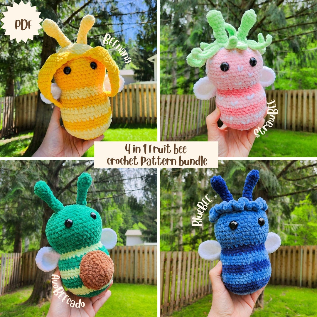 4 in 1 | Fruit Bee Amigurumi Patterns | Crochet Bundle | Digital Download | Low-Sew Banana, Avocado, Blueberry, Strawberry Bee Plushies |
