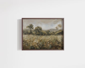 Vintage landschap olieverfschilderij, Wildflower veld, afdrukbare digitale schilderkunst