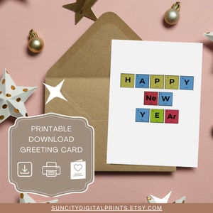Carte imprimable de bonne année, conception de carreaux de Scrabble colorés, carte de vœux pliable bricolage, téléchargement immédiat, modèle de carte de voeux 5 x 7 cadeau