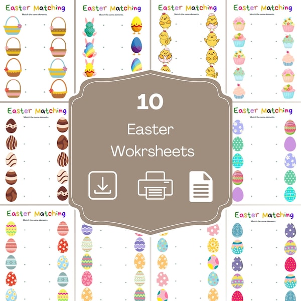 10 Digital download Easter Activity Worksheets, Kids Matching Game, Preschool Learning, Printable Fun,  Educational Easter Game, Gift idea