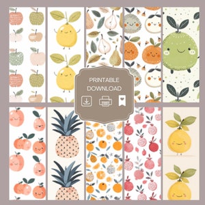 10 Digital download Fruits Bookmarks Set, Seasonal Fruits, DIY Craft Bookmark Template, PDF Format, Fruits Illustrations, Gift idea, Print