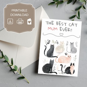 Cartão de dia das mães para impressão, melhor mãe de gato de todos os tempos, download instantâneo, cartão de felicitações para amante de gatos, PDF DIY 5x7, cartão de mãe de animal de estimação, tema de gato
