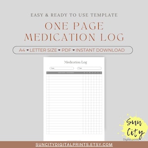 Medication Log, Printable Medication Tracker, Medicine Log Sheet, Instant Download Health Tracker, One Page Medication Log