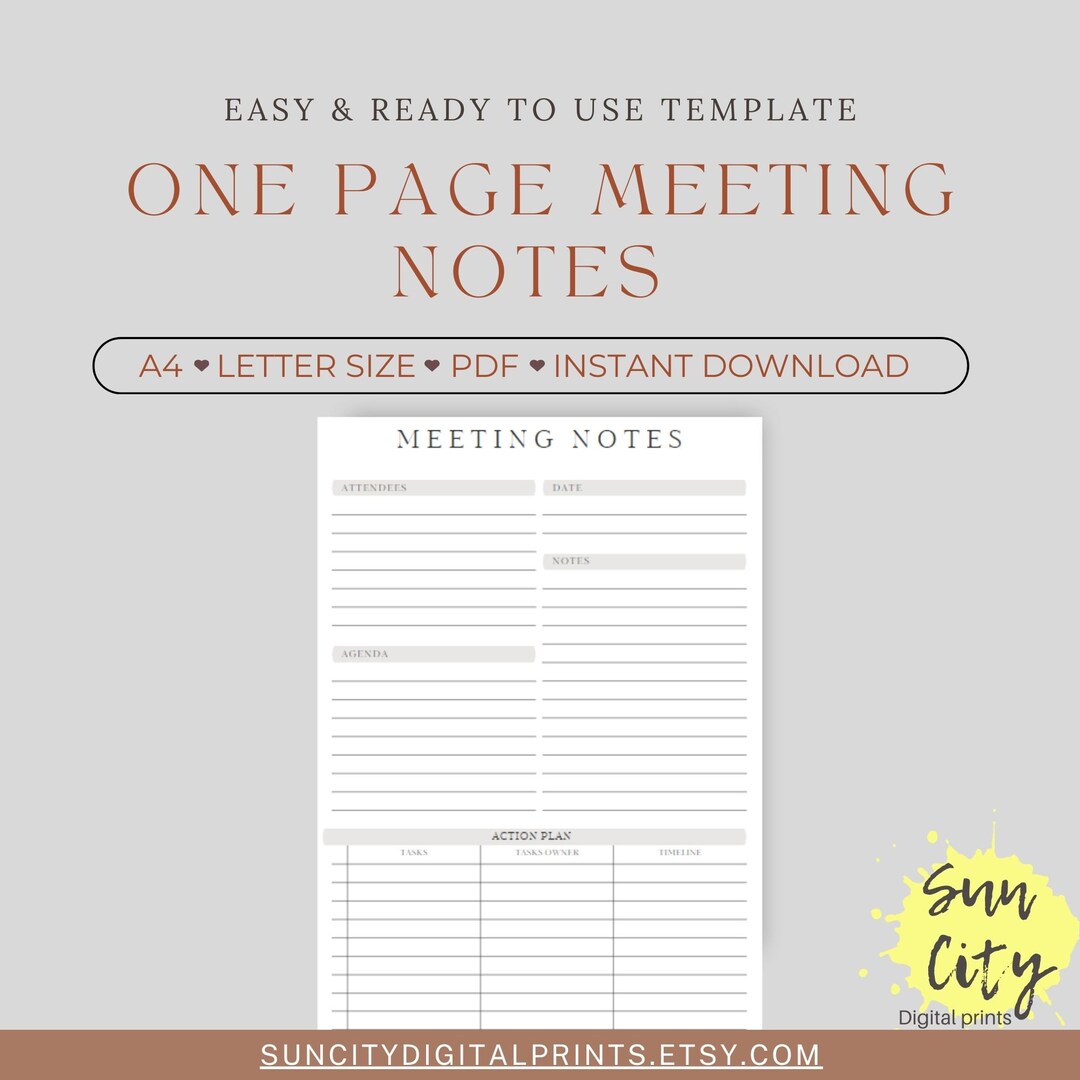 One-page Meeting Notes Template, A4 & Letter Size, PDF Instant Download ...