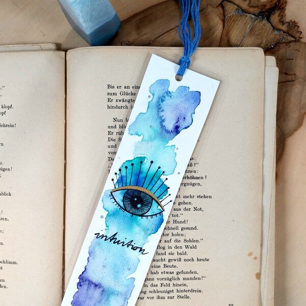 Lesezeichen bookmark Aquarell Auge Intuition Malerei Unikat spirituell Geschenk türkis blau gold handgemalt watercolor