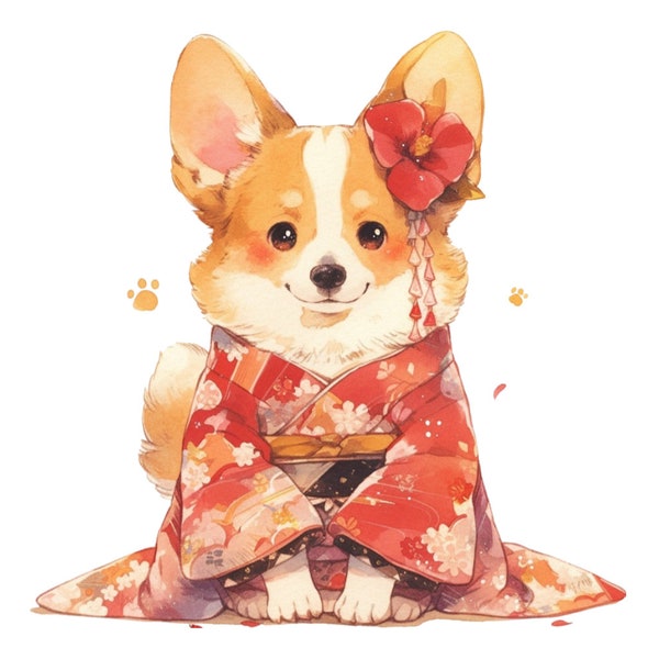 Cute Japanese Kimono Dog Clipart Bundle Kawaii Stickers Traditional Designs Digital Downloads Watercolor Sublimation Dog Mom Lover Gift