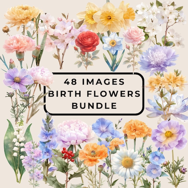 Birth Month Flower Clipart Bundle PNG SVG Bundle Vintage Botanical Floral Print Watercolor Illustration Mothers Day Gift for Grandma Crafter