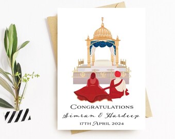 May include: A wedding invitation card with a gold and blue illustration of a Sikh temple. The text reads "Congratulations Simran & Hardeep 17th April 2024".