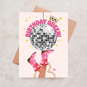 Cartão de Aniversário da Rainha Slay Queen Cartão de Aniversário da Cowgirl Cartão de Aniversário da Coroa Howdy Cartão de Aniversário Retro Bola de Discoteca Cartão Rosa Bonito