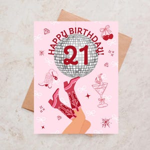 Twenty One Disco Ball Birthday Card For Her 21st Birthday Card Cow Girl Birthday Card Howdy Card Slay Girl Card Western Retro Birthday Card