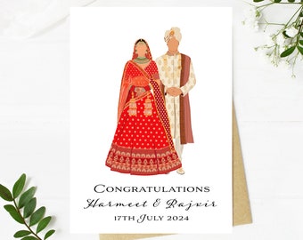 May include: A wedding invitation card with an illustration of a couple in traditional Indian attire. The text reads "Congratulations Harmeet & Rajvir 17th July 2024".