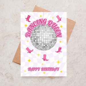 Carte d'anniversaire de la reine dansante, joyeux anniversaire de la reine, carte d'anniversaire boule disco, carte de voeux rose de la reine dansante pour son amie, soeur, carte de film