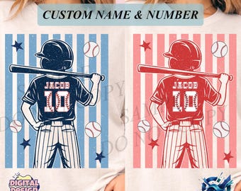 Custom Baseball Name and Number PNG, Boy Player Back View Shirt Design, Patriotic USA Red Blue Stripes, Kids Baseball Sublimation Download
