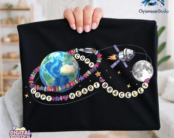 Copycat Heart Bracelet PNG, Space Coquette Aesthetic Design, Earth Moon Orbit Clipart, Cute Beaded Bracelet Style, Sublimation Download