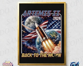 Artemis II 2026 PNG, Back to the Moon Rocket Launch Design, Patriotic Space Clipart, Lunar Mission USA, Sublimation Download