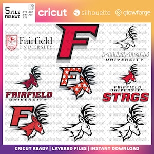 May include: A red and white layered design featuring the Fairfield University Stags logo. The logo includes a stylized 'F' with a deer head and antlers. The text 'Fairfield University' and 'Stags' are also included in the design.