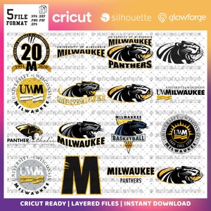May include: A set of 10 layered SVG files featuring the University of Wisconsin-Milwaukee Panther logo in various designs. The logos include the panther mascot, the school's name, and the years 1991-2010. The files are Cricut ready and can be used for crafting projects.