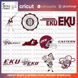 May include: A set of five layered SVG files for Cricut, Silhouette, and Glowforge featuring the Eastern Kentucky University logo, mascot, and other related imagery. The files include a maroon and white color scheme with the university's name and mascot, the Colonels, in a vintage style.