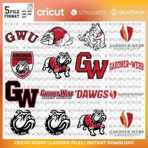May include: A set of five layered SVG files for a Gardner-Webb University logo featuring a bulldog mascot, the letters GW, and the text "Gardner-Webb University" and "Runnin' Bulldogs". The files are ready for use with Cricut, Silhouette, and Glowforge.