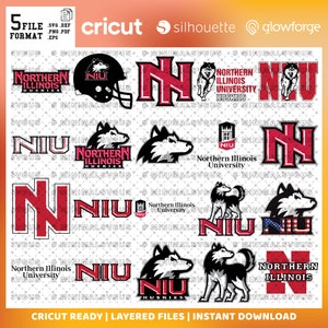 May include: A set of 10 layered SVG files for Cricut, Silhouette, and Glowforge featuring the Northern Illinois University Huskies logo. The set includes various designs, including the school's mascot, the words "NIU" and "Northern Illinois University", and the words "Huskies".