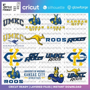 Può includere: Cinque file SVG a strati per macchine da taglio. I file presentano una mascotte di canguro con il testo "UMKC Roos" e "Kansas City Roos".