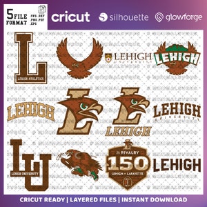 Könnte beinhalten: Eine digitale Design-Datei für ein Lehigh University-Logo mit einem braunen Adler und dem Text "Lehigh" in einer braunen und goldenen Schriftart. Das Design ist in fünf Dateiformaten verfügbar: SVG, DXF, PNG, PDF und EPS. Das Design ist bereit für die Verwendung mit Cricut-, Silhouette- und Glowforge-Schneidemaschinen.