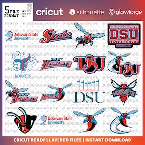 May include: A set of 8 layered SVG files for Cricut, Silhouette, and Glowforge featuring the Delaware State University Hornets mascot. The files include a variety of designs, including the school's logo, the mascot, and the words "Lil Hornets".