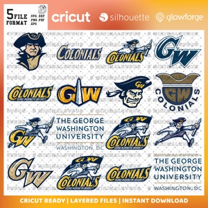 May include: A set of five layered SVG files for Cricut, Silhouette, and Glowforge featuring the George Washington University logo and the words "Colonials" and "GW". The logos are in blue, gold, and white.